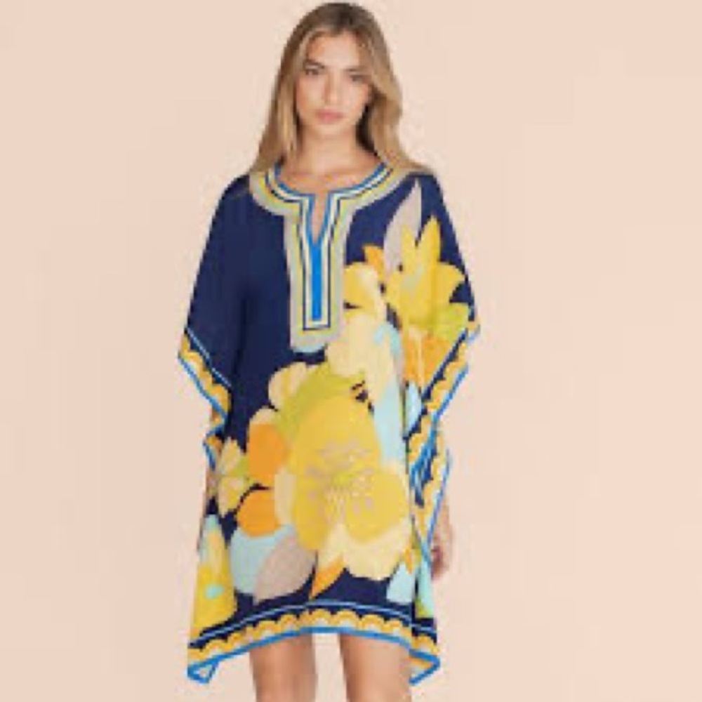 Trina Turk Theodora silk Navy Yellow Caftan dress M/L